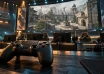 Illustration of a controller in front of an esports arena and a tactical game screen