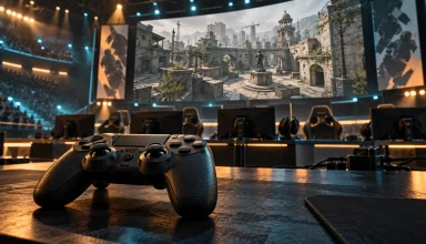 Illustration of a controller in front of an esports arena and a tactical game screen